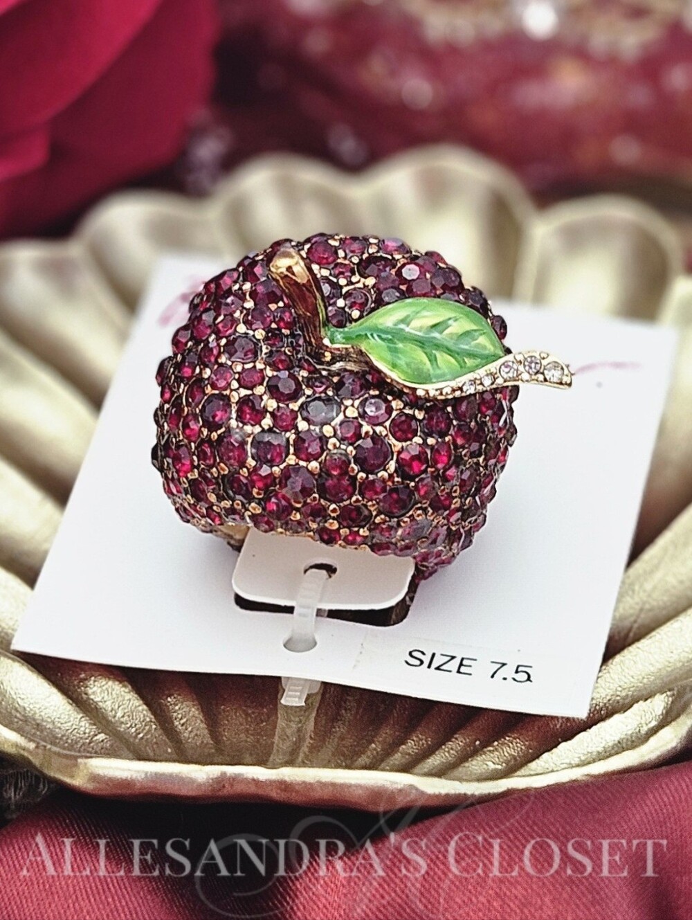 Betsey Johnson Apple Ring 7.5 Red Rhinestone Embellished Fall Winter Novelty